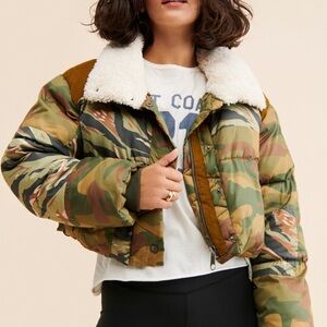 Free People Camouflage Puffer Jacket with Shearling Collar